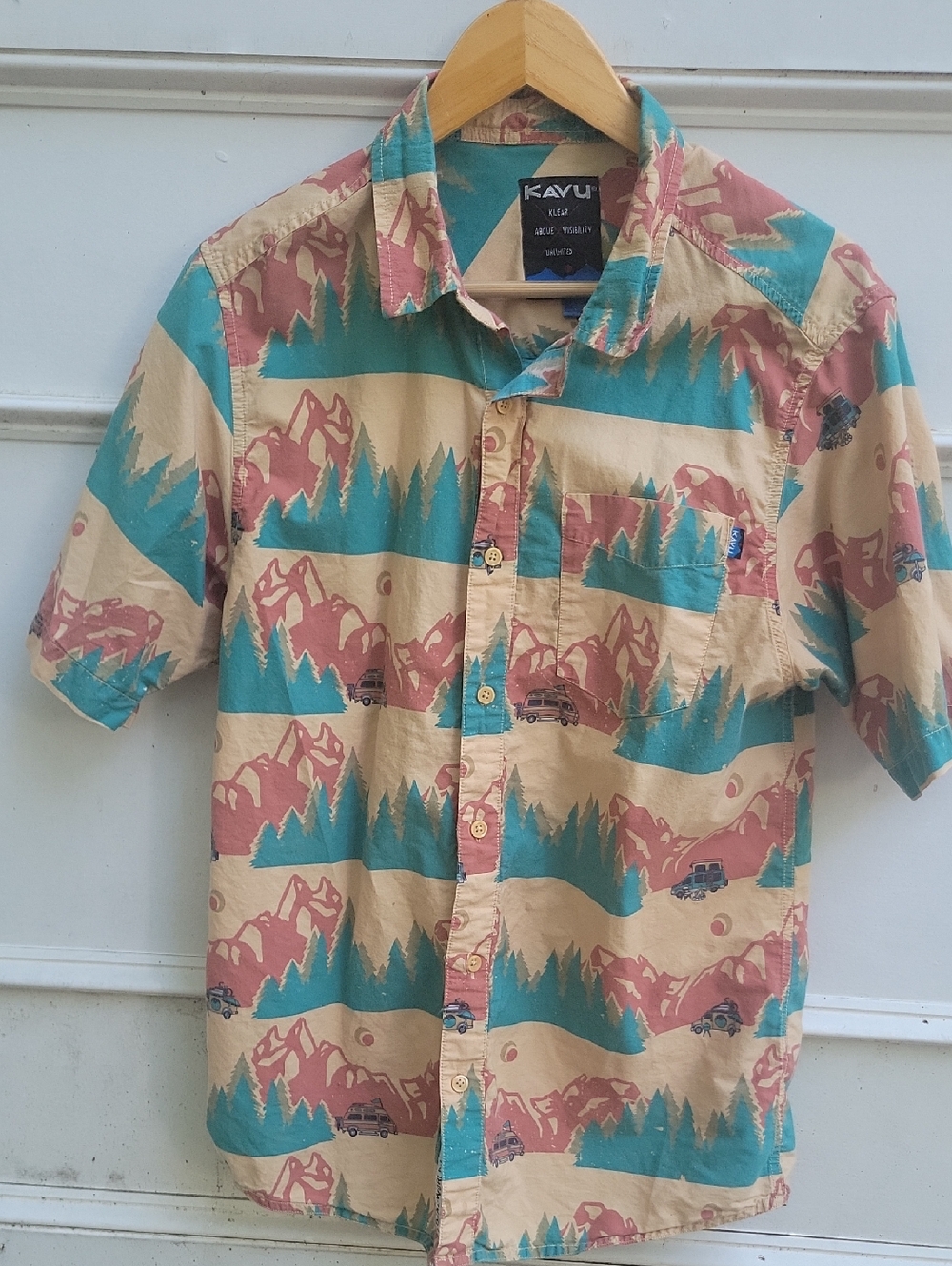 Kavu Men’s Short Sleeve Button-Down Shirt — Tan, Teal & Rust Mountain Print